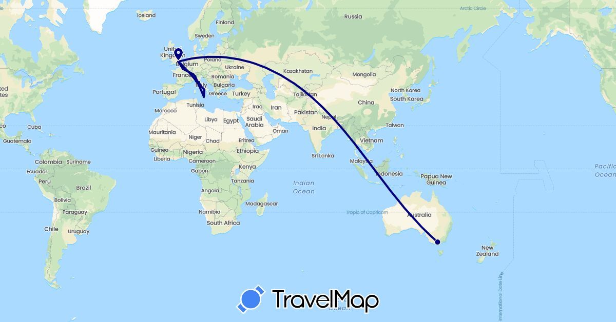 TravelMap itinerary: driving in Australia, Switzerland, France, United Kingdom, Italy (Europe, Oceania)